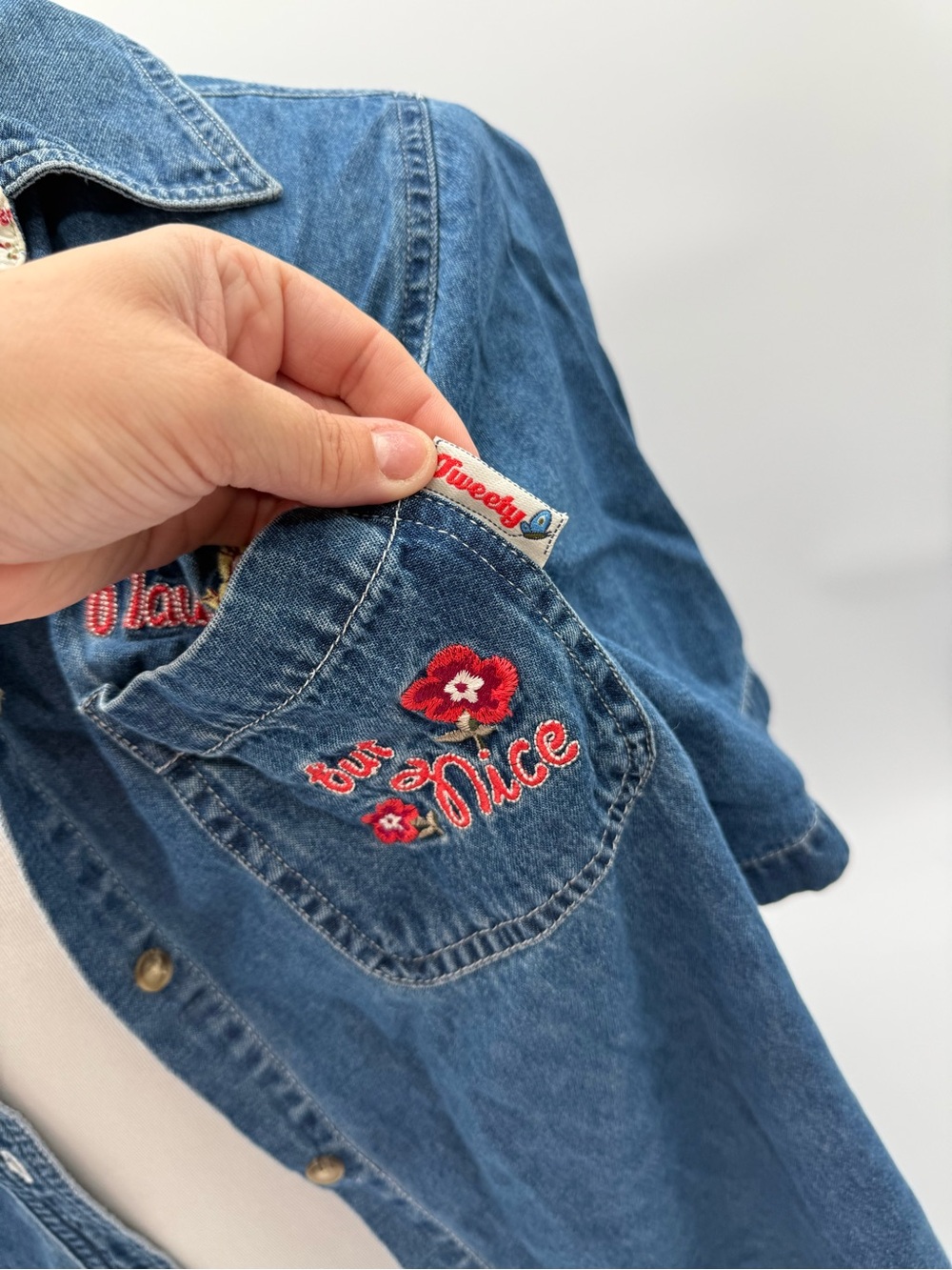 Vintage Y2K Looney Tunes Tweety Bird Denim Shirt Embroidered Naughty Nice 90s 2X - Picture 3 of 16